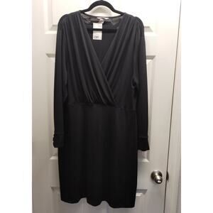 H&M NWT *FLAW* Women's Size XL Black Long Sleeve V-Neck Faux Wrap Midi Dress